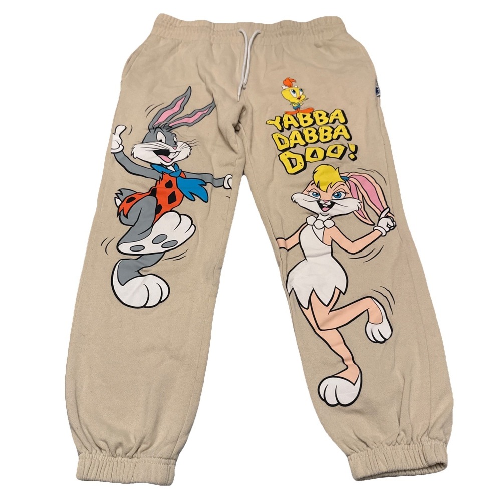 Warner‎ Bros Unisex Joggers XL Cotton Blend Looney Tunes Flintstones Tan WB100